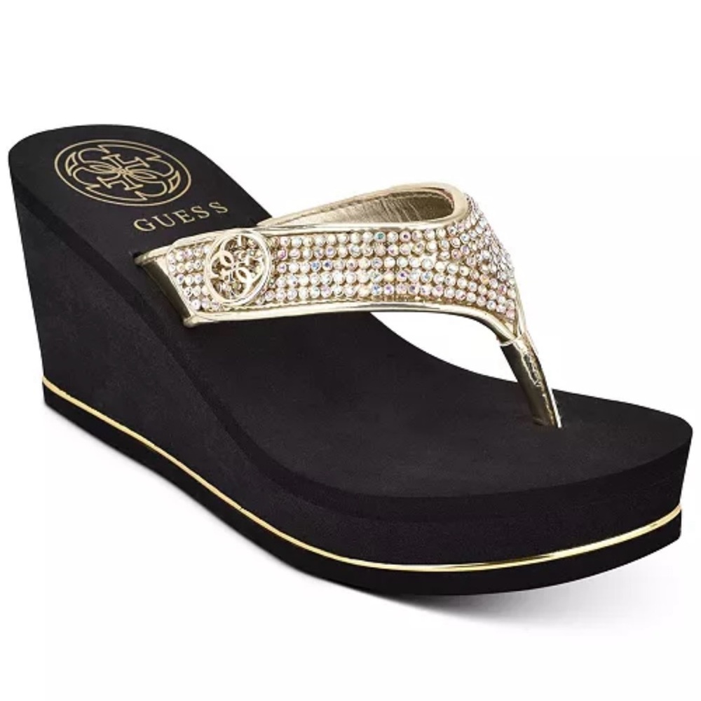 NEW in Box GUESS Women's Black and Gold Wedge Sandals Size 9